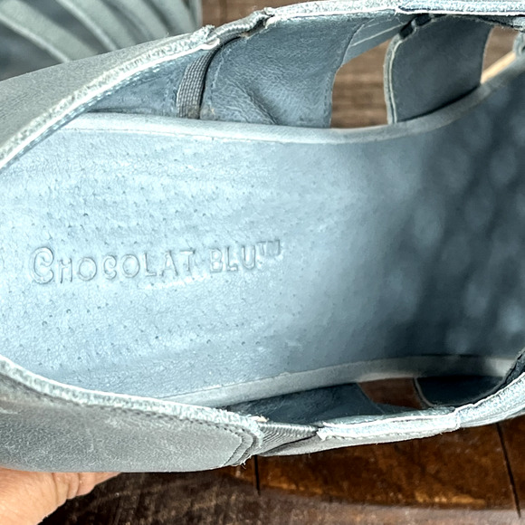 Chocolat Blu Wedge Sandals 9.5 Turquoise Leather Woven Slip On Open Toe - Picture 11 of 12